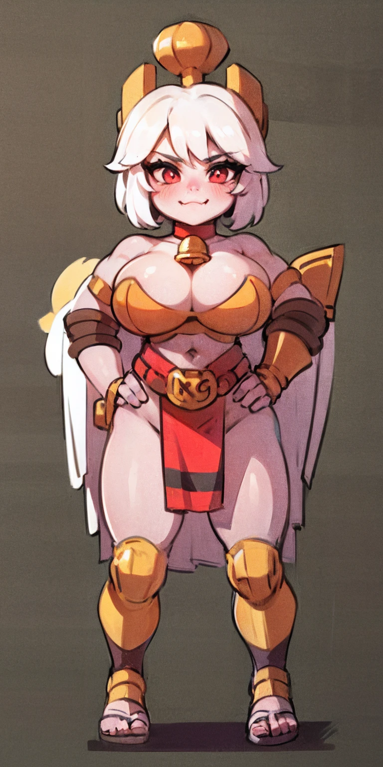 ((BLACK BACKGROUND,1:2, masterpiece)) full body MILF BIMBO standing with two long thighs and two metal sandals, red eyes, two-tone hair, brown hair, silver white hair, short bob style hair, big breasts, cleavage, separate sleeves, tiara royal, long cape up to two feet, yellow bikini, hands on waist, navel, toned body, lustful smirking smiling, smile face (red blushed, red cheeks), metal shoulders, gold sleeveless armbands, black leather choker slave collar (leather choker with big golden bell), shackle bracelets, red crest, pauldrons, breastplate, leather corset, eye focus, full body, whole body, 1solo, loincloth standing, hands on hips, big belt, view from below, feet together, bracers, tiara)