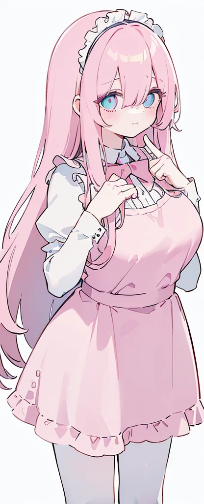 (((Long pinky Beautiful Hair))),pink hair,kawai,(((Eyes visible from bangs,hair over eyes:1.3))),,Huge breasts,(cyan color eyes),,(pink slanted eyes),1girl in,bangs,long CYAN hair, pantyhose,Cowboy Shot,white background,short hair,smiled,(wearing pink maid clothes), (maid dress type must have a perfect pink vest), Bangs should be long to the tip of the chin(((Standing pose facing to the right side free hand pose))), Kitchen room background, Perfect arm fingers,,, 1 girl, ((The image must match the tag)) Bangs almost cover the eyes full body (The character's entire body from top to bottom is completely visible)
