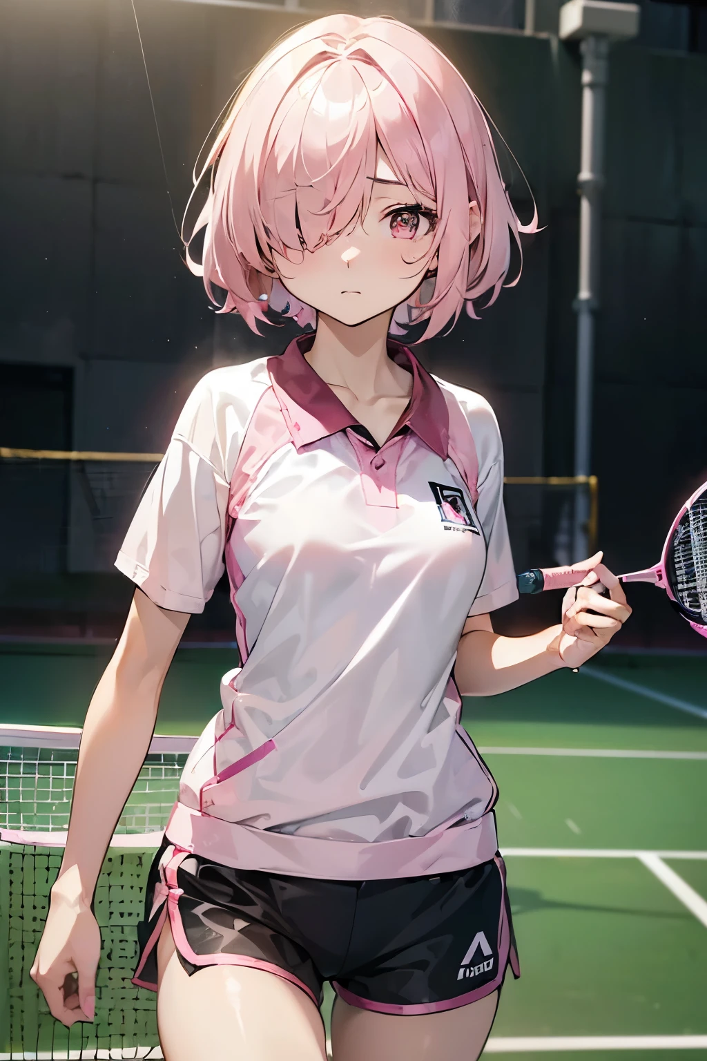 ①morning,(lighting forward:1.9) .
②:Highest quality, Anime Moe Art Style,最高のアニメ8Kこなちゃんの壁紙,pixiv Contest Winner,Perfect Anatomy, Very detailed,High resolution,Very detailed肌, Professional Lighting,8K ,
③:(One Girl:1.loli),(13 years old:1.8),high school student, (short hair:1.3), (normal breasts),(hair over one eye:1.9),(light blonde hair:1.2),Complete limbs,Full Finger, red eyes, hairpin, beautiful detailed eyes, (pale skin:1.5),tareme,sparkling pupils, (Badminton racket',(Shuttlecock), (badminton wear),pink wearblack sports shorts:1.5), gym:1.5,gym:1.5