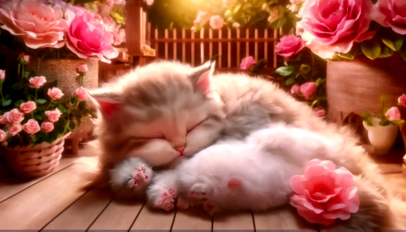 “A small, fluffy kitten with white and light brown fur is sleeping peacefully. It’s curled up on a wooden surface with its paws tucked under its body, surrounded by large, pink flowers that resemble roses. The background has a warm, soft-focus glow, creating a serene and cozy atmosphere.”