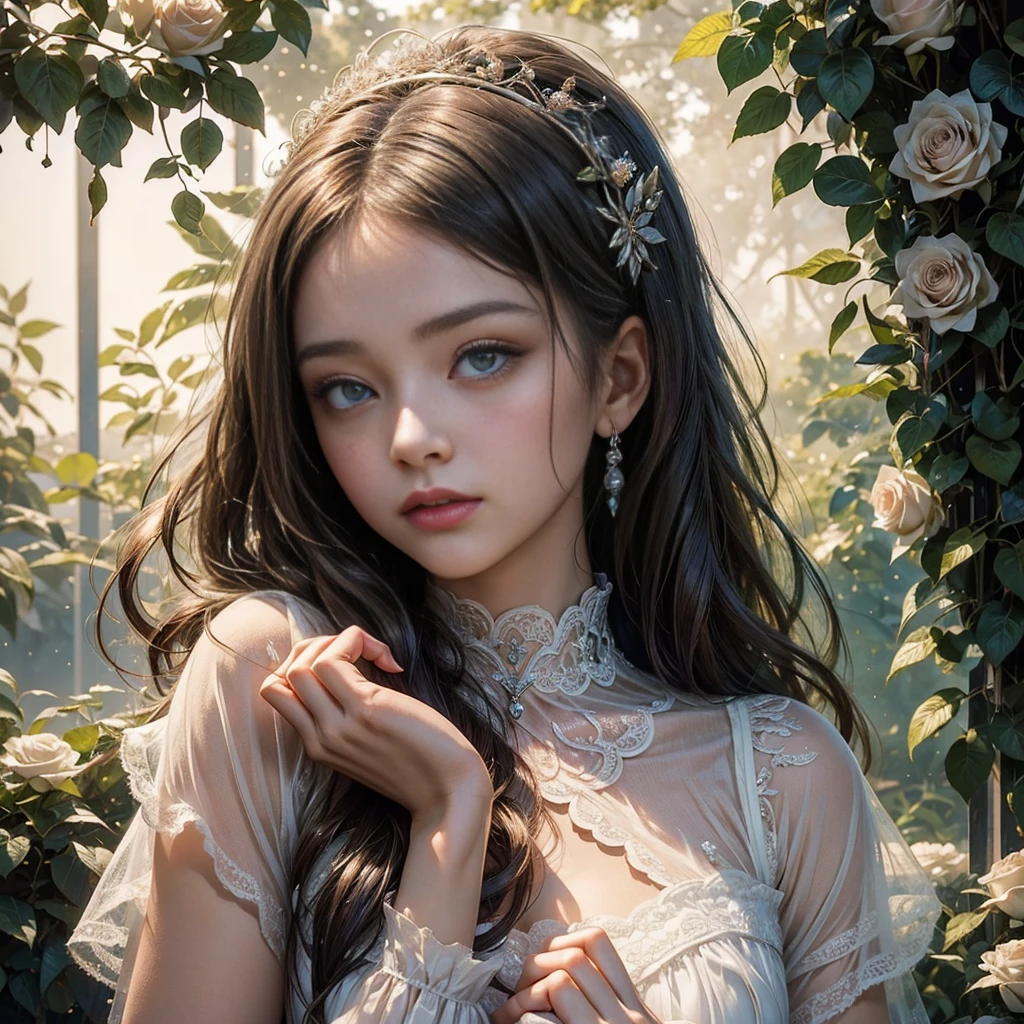 (NSFW): A girl in a white lace dress, her skin subtlety glowing beneath the soft light, adorned with roses and vines as if plucked directly from one of Leonardo da Vinci's notebooks, serving as the enchanting backdrop to her ethereal presence.
A stunningly young and elegant person, with an air of mystery and allure, as if she's just stumbled upon a hidden realm of enchantment.
Magical Girl Portrait: A captivating depiction of a young girl, her eyes brimming with curiosity and strength, clad in a vibrant magical girl costume, radiating energy and magic.
Portrait