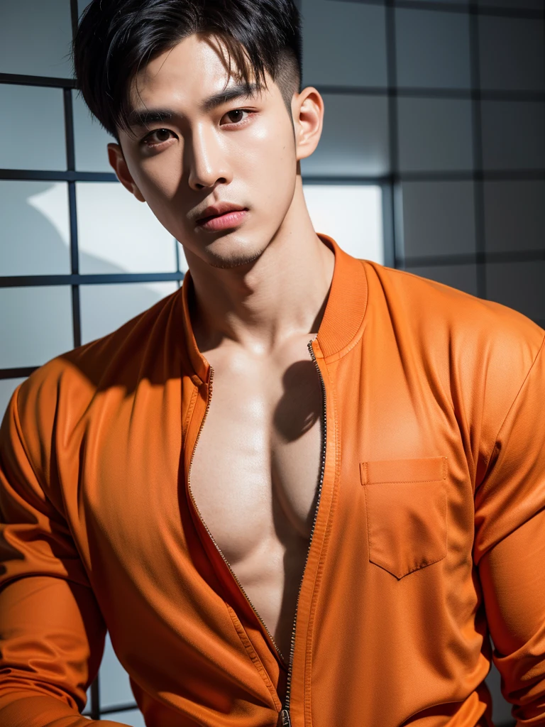 Handsome korean man. 24 years old, prisoner, look at the camera, (Orange prison uniform)portrait,dramatic shadow,Ray tracing, Best quality, Cinematic lighting, Extremely detailed CG, 8K wallpaper,Complicated.showing his  . In the jail