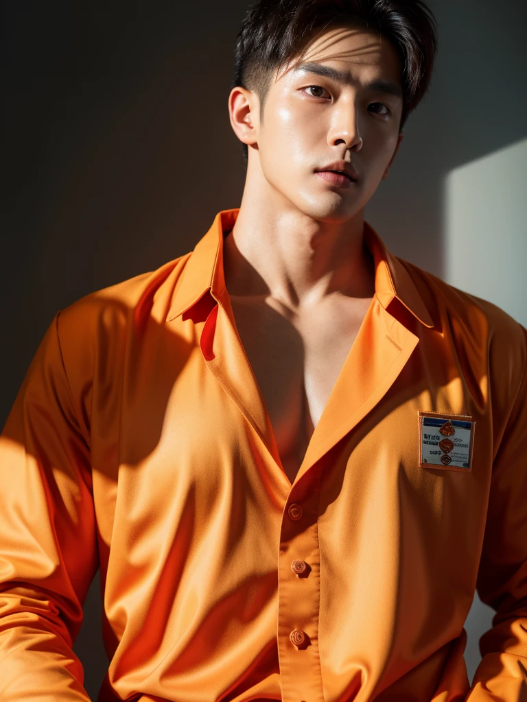 Handsome korean man. 24 years old, prisoner, look at the camera, (Orange prison uniform)portrait,dramatic shadow,Ray tracing, Best quality, Cinematic lighting, Extremely detailed CG, 8K wallpaper,Complicated.showing his chest . In the jail