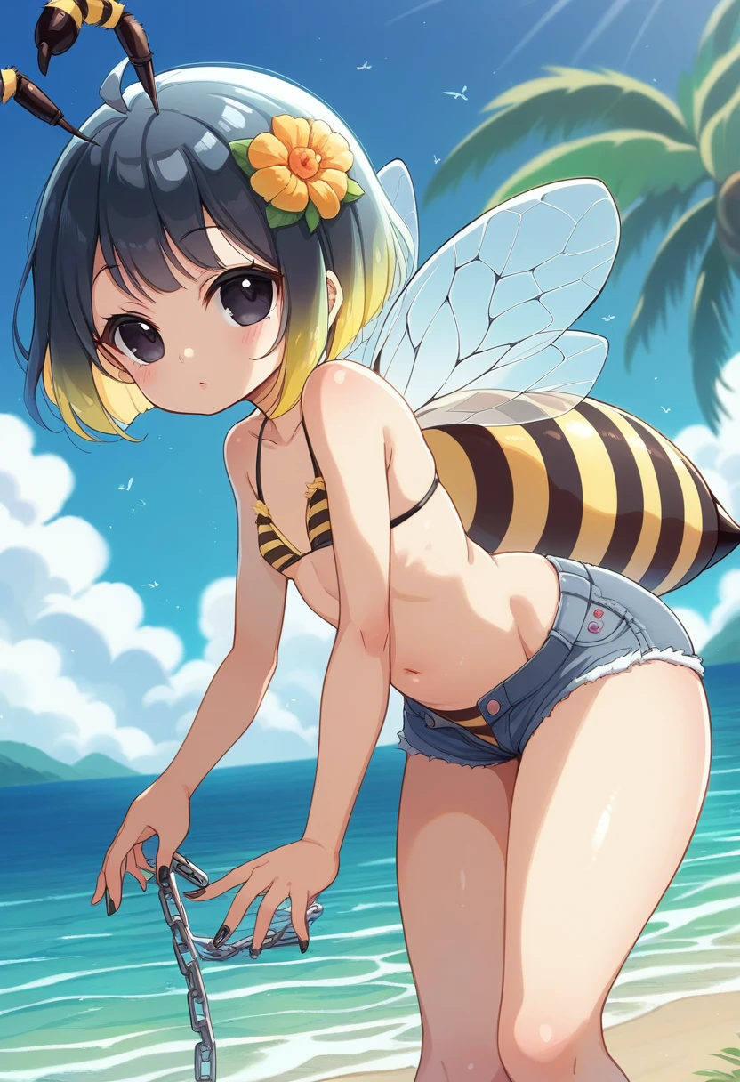 score_9, score_7_up, score_6_up, 1girl, source_cartoon, source_anime,breathtalking Scenery,watercolor,smooth soft skin, natural skin,anime screencap,brs
BREAK
1girl,(hornet girl:1.4), bee girl,(little female child:1.3), (loli:1.3),6 yo, kawaii,baby face,small breast, cute face,oily skin,fat ass
BREAK
(black lob hair:1.4),(black bob cut:1.3),(yellow gradient hair:1.2),(yellow dip-dye hair:1.1),ahoge,highlight on eyes,(nail_polish:1.1), black eyes,beautiful eyes, detailed eyes, puffy eyes,
BREAK
(bee antennae:1.3), (PVC material Extremely small bee wings:1.1), (bee wings:1.1),symmetry bee wings,
BREAK
(short pants:1.1) bikini,black jacket,pierce,Ttraditional media, sea,wave,island,tropical,dynamicangle,dynamicpose,breathtalking background, outdoors,pastelcolor,