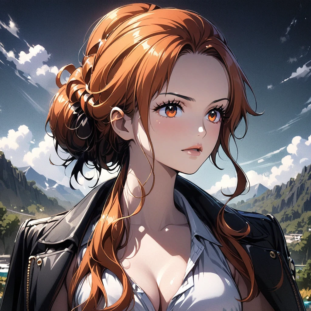 masterpiece, best quality), intricate details, 1 girl, woman, orange hair, nami \ (one piece\), (long hair), shirt, white shirt, female focus, clothes, collared shirt, pants, cape, black coat, shirt, sandals, pectorals, partially unbuttoned, cleavage, black coat on shoulders, nature, scenery, upper body, ((front view)) ((close up shot)) ((solo)) ((Twisted Updo: Long hair twisted and pinned up into an elegant updo, often with loose tendrils)) ((nami from one piece)) ((orange eyes))