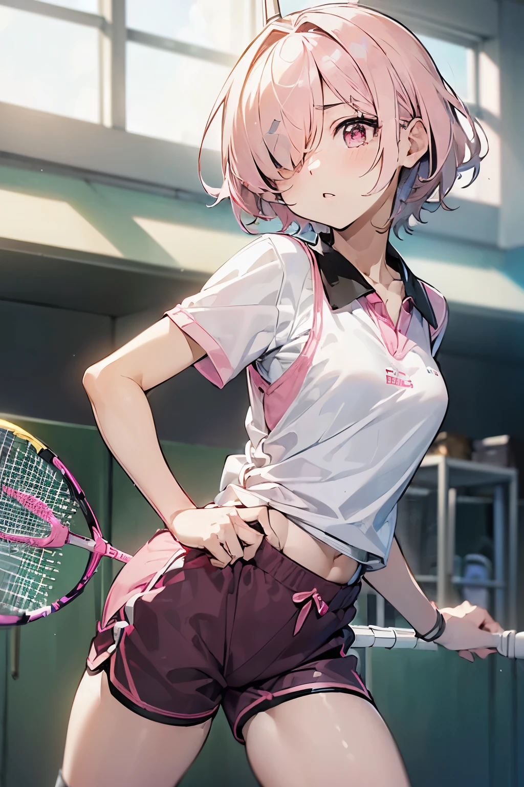 ①morning，(lighting forward:1.9) .
②：Highest quality, Anime Moe Art Style,最高のアニメ8Kこなちゃんの壁紙,pixiv Contest Winner,Perfect Anatomy, Very detailed,High resolution,Very detailed肌, Professional Lighting,8K ，
③：(One Girl:1.loli)，(13 years old:1.8),high school student, (short hair:1.3), (normal breasts)，(hair over one eye:1.9)，(light blonde hair:1.2)，Complete limbs,Full Finger, red eyes, hairpin, beautiful detailed eyes, (pale skin:1.5)，tareme，sparkling pupils， (Badminton racket'，(Shuttlecock)， (badminton wear)，pink wearblack sports shorts:1.5)， gym:1.5，gym:1.5
