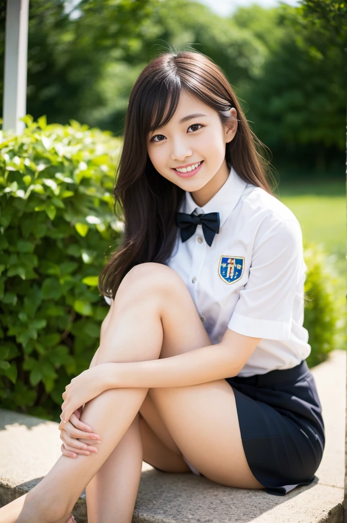 Pure Japanese girl, outstanding body, beautiful legs, wearing uniform, natural hairstyles, sweet smile, sitting, refreshing in early summer, composition from the front,