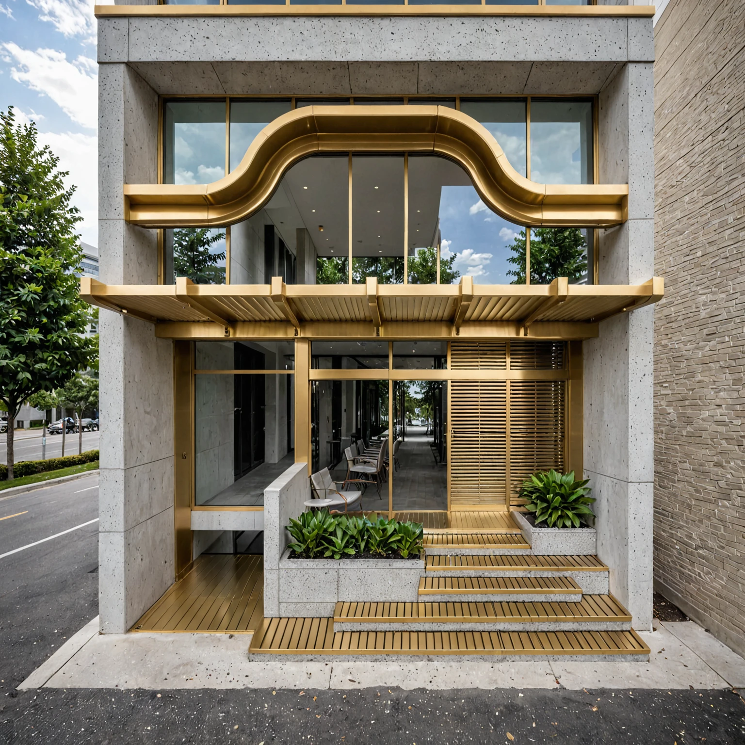 Raw photo,Masterpiece, high quality, best quality, authentic, super detail, modern style, aiaigroup,office building, decorative bars, decorative louvers, sun louvers, aluminum wall cladding, gold aluminum, glass railing,outdoors, tree, building, scenery, city, road, real world location, treet, window, balcony, glass railing, on the street, minimalist line, daylight, realistic