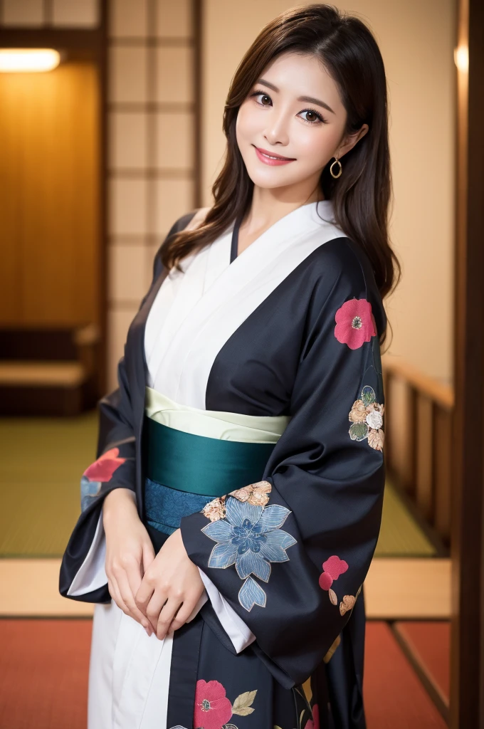 Face :9,1449314384], ulzzang-6500-v1.1, (RAW Photos:1.2), (Photorealistic), Beautiful Mature Woman VN01, Beautiful details, (Genuine: 1.4), Very detailedな目と顔, Beautiful and fine details,  (Japanese Kimono、Elegant Japanese pattern kimono、Komono)、Esbian all over、 (A very loving smile:1.2)、Large file size, High resolution, Very detailed, Highest quality, [masterpiece:1.6], Awareness-raising, Very detailed, Hmph, In detail, Highest quality, 8k wallpaper, Cinema Lighting, One mature woman, 37 years old, Perfect figure, Cute droopy eyes、Beautiful big eyes、(I keep my hair up and short)、 ((masterpiece)), Highest quality, One mature woman, eye shadow, Upper Body, Portraiture, ((Full Body Shot:1.14))、