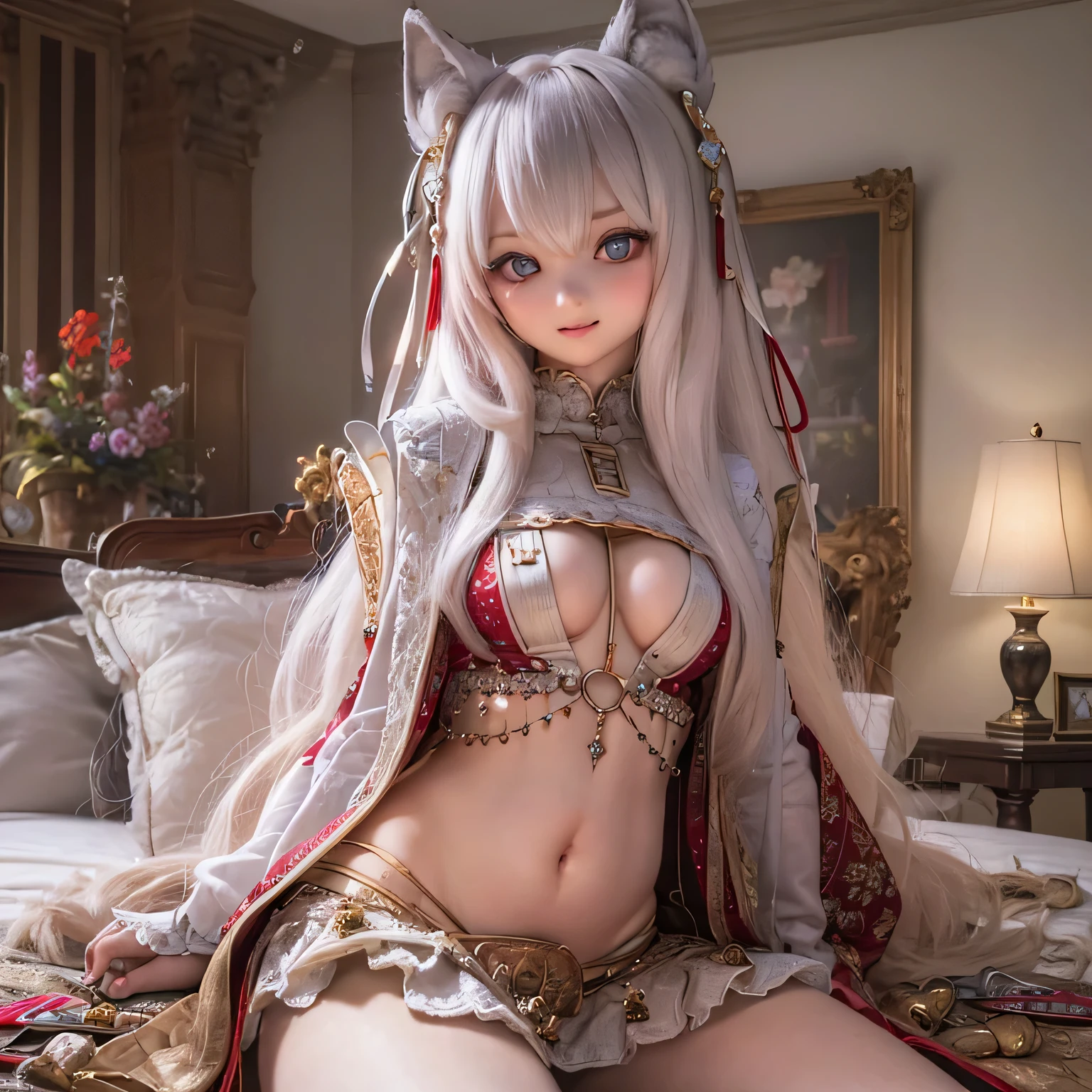 (Highest quality, High resolution, Realistic:1.37),Very detailed, Beautiful details,Beautiful lip detail,Very detailed目と顔,Long eyelashes,One Girl,Sharp focus,Vibrant colors,Soft lighting,Fenrir Girls,Big Breasts,Fantasy elements,,ice magic,Flowing Hair,Heavenly beauty(((((whole body)))))cute cute Sexy pose (((((Straddle))))) (((Sexy pose)))((((((()))))))(((pretty girl))) 、 Cute Feet、(((((Belly dance))))) Smiling bedroom