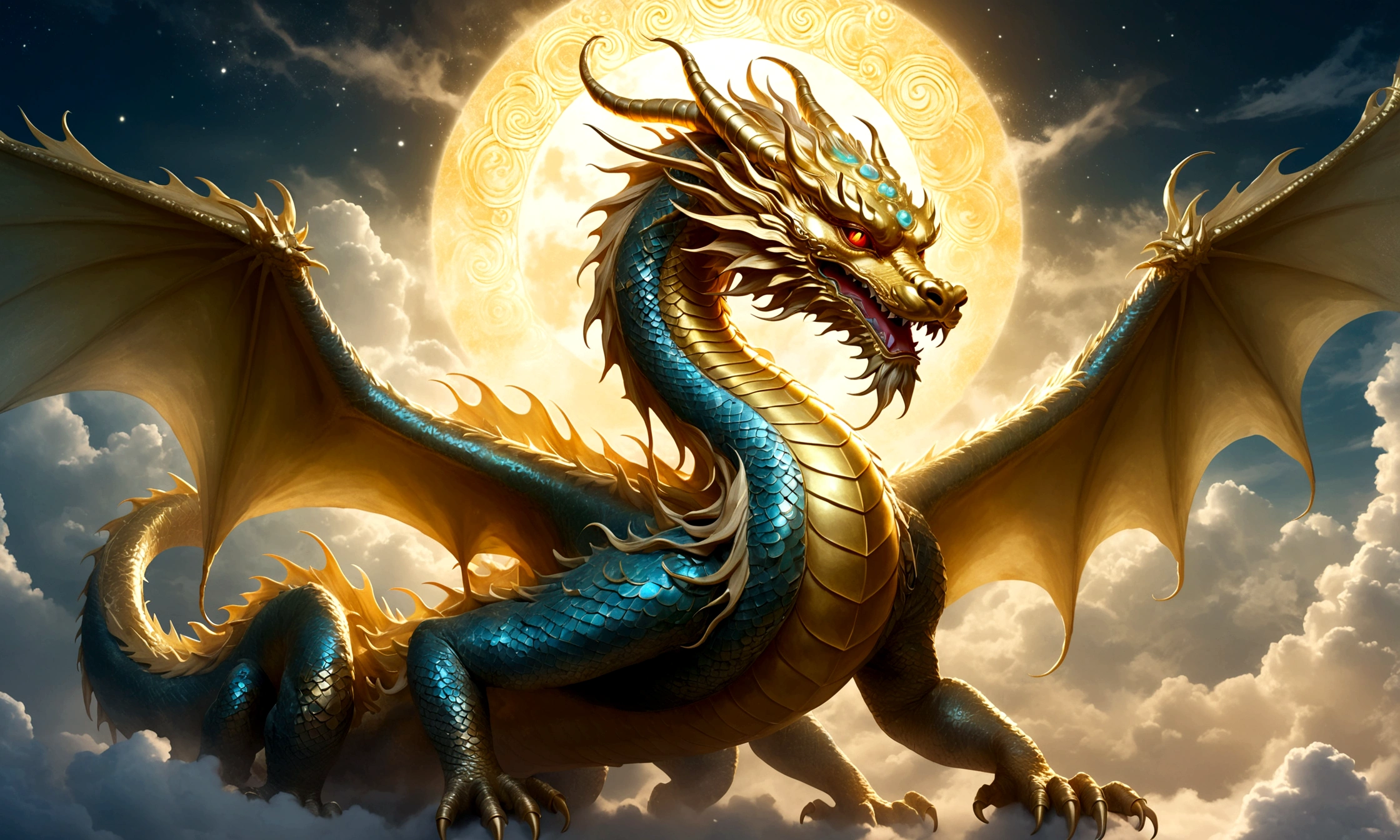 sky dragon god, gentle gaze, fantastic background, moonlight background, sea of ​​clouds background, golden splashes, mysterious, sacred light, mythical creature, traditional Chinese dragon, mythology, speckled light, hazy haze, mysterious aura, masterpiece, fantastic and graceful dragon, good luck, fantasy art