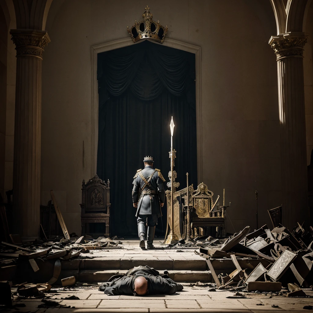A man walking toward his throne, pile of soldier corpses on floor behind him, spotlight on him from behind the throne, and a crown is kept on the throne