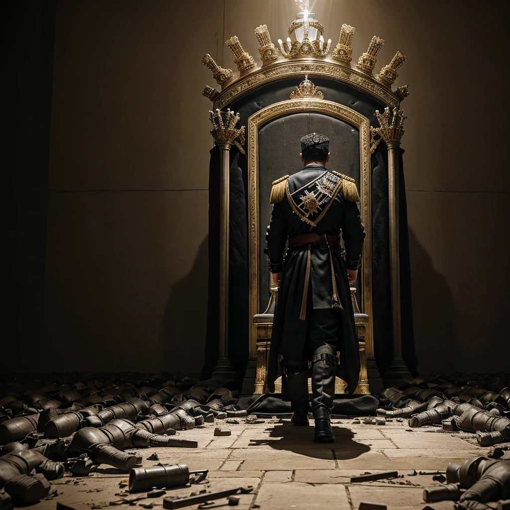 A man walking toward his throne,  pile of soldier corpses on floor behind him, spotlight on him from behind the throne, and a crown is kept on the throne