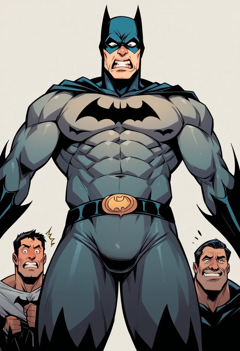 Batman, from front, super fine, lower body shot, middle-aged man, hunk, looking down and mouth wide open with shocked face, Batman's crotch get pinched by many people, Batman's crotch squeezed by many people,