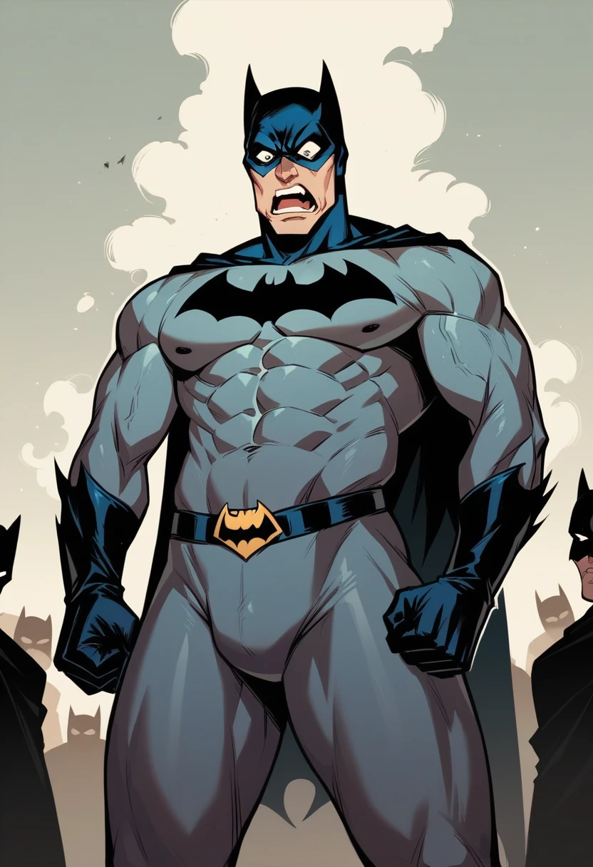 Batman, from front, super fine, lower body shot, middle-aged man, hunk, looking down and mouth wide open with shocked face, Batman's crotch get pinched by many people, Batman's crotch squeezed by many people,