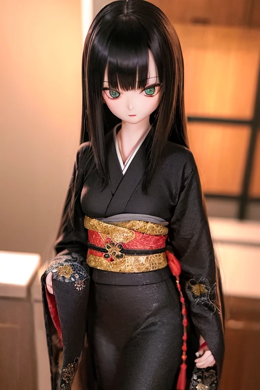 (SFW:2), photorealistic, realistic photo, ((highest quality)), ((masterpiece)), ((extremely detailed)), kukolnydom, doll, (mature woman:1.6), solo, ((cowboy shot, standing, skinny, slender, slim, black kimono, obi, hair ornament)), green eyes, parted lips, (black hair, long hair, looking at another, blank eyes, empty eyes, detailed eyes, detailed clothes:1.3), Japanese room, 8k