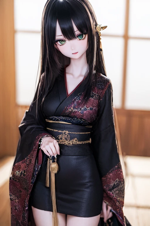 (SFW:2), photorealistic, realistic photo, ((highest quality)), ((masterpiece)), ((extremely detailed)), kukolnydom, doll, (mature woman:1.6), solo, ((cowboy shot, standing, skinny, slender, slim, black kimono, obi, hair ornament)), green eyes, parted lips, (black hair, long hair, looking at another, blank eyes, empty eyes, detailed eyes, detailed clothes:1.3), Japanese room, 8k