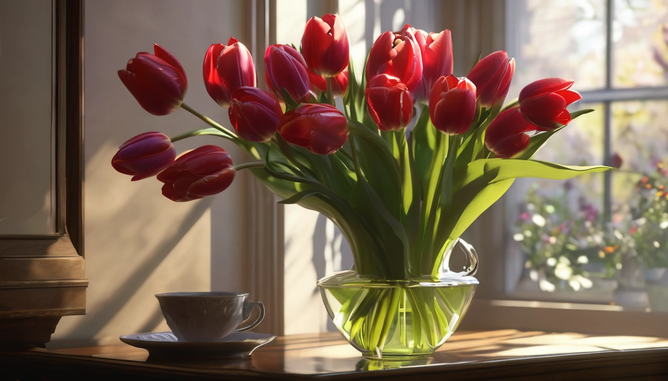 Tulip bouquet, fantasy, excellent, atmosphere, Reality, masterpiece, Human Development Report, Greg Rutkowski, Edmund Leighton, Atjem, Wallop, Volumetric Light, Supermodal composite details, Deep Shadows, Dark, Warm Unreal Engine 5 Natural Light