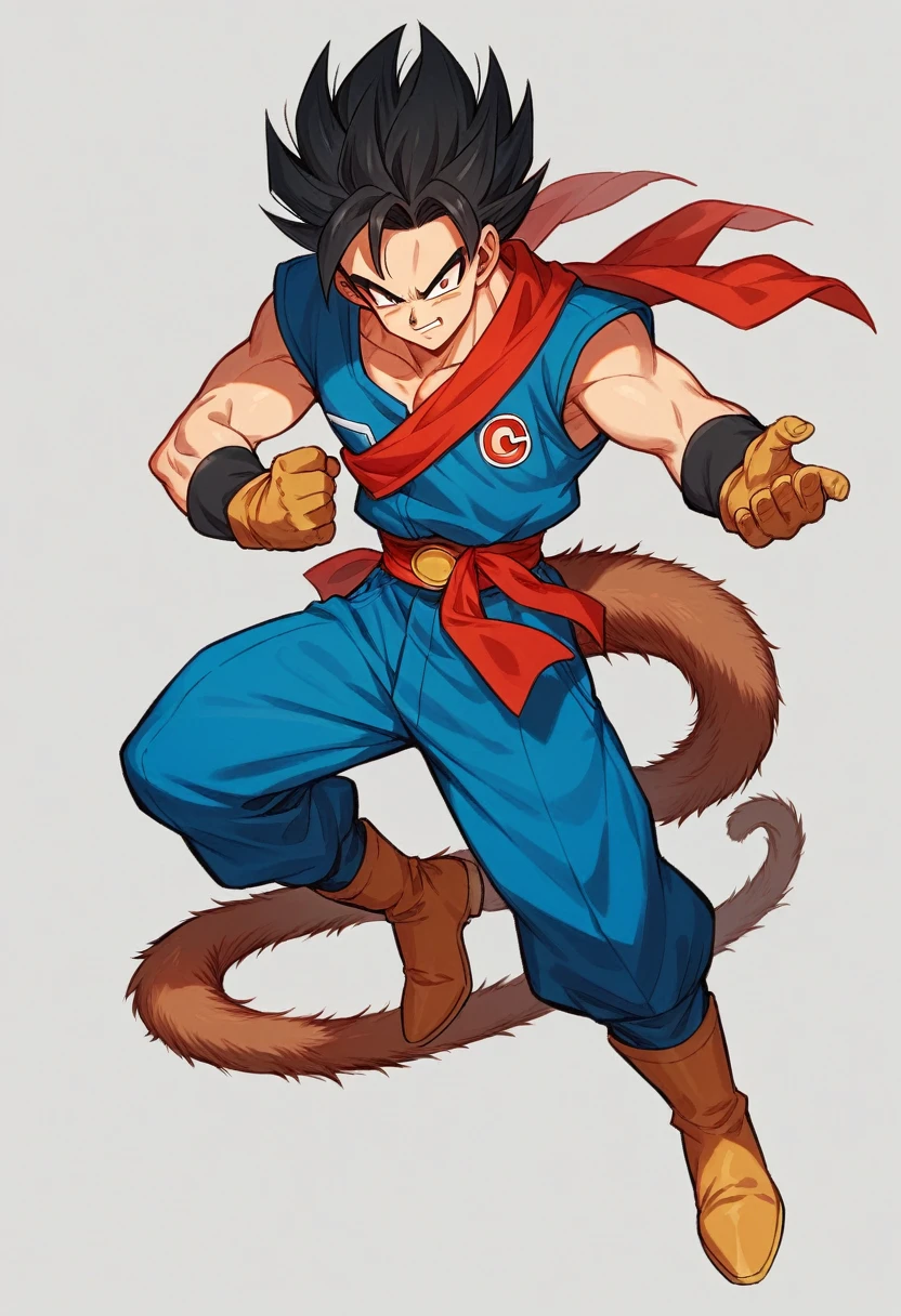 he has spiky black hair, wears a blue uniform with a red sash at the waist. Your boots and gloves are blue (tenebrosa). has a brown tail, similar to a monkey, anime dash, dragon ball z dash