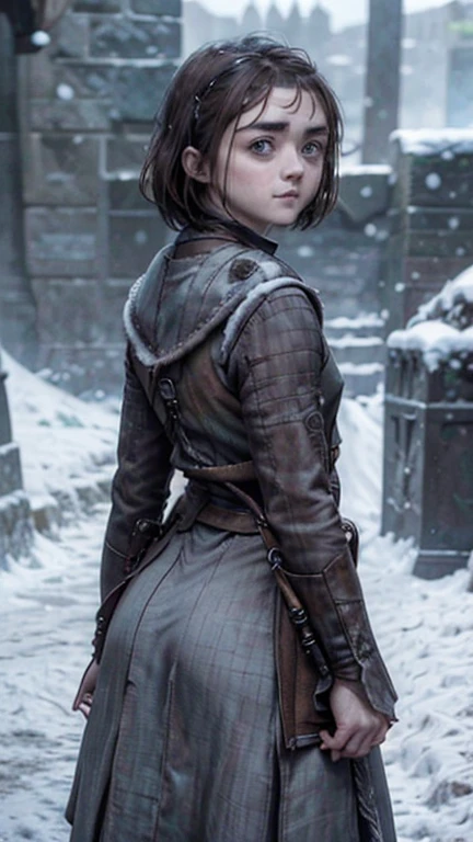 8k, Maisie Williams face, beautiful face, game of thrones character model, smiling, pale white skin, toned abs, small breast, round ass, tight ass, tight asshole, tight pussy, virgin pussy, her round ass visible, tied long brown hair, Maisie Williams as Arya Stark, torn ragged peasant dress, standing stance, winterfell city in background, snowing, back View, sharp focus on her ass