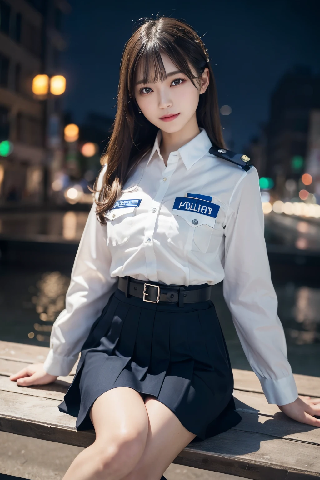 An innocent 20-year-old girl、((Japanese police officer, Police uniform, skirt, Cute and elegant, Dramatic Pose)),Big Breasts、smile,Night city background,Shortcuts、RAW Photos, (8K、Highest quality、masterpiece:1.2)、(Intricate details:1.4)、(Realistic:1.4)、Octane Rendering、Complex 3D rendering with ultra-detail, Studio Soft Light, Rim Light, Sharp details, Very detailed, Realistic skin texture, detailed aspects, Beautiful details in the eyes, Very detailed CG Unity 16k 壁紙, Compensate, (Detailed Background:1.2), Glowing Skin, whole body,,Sit on a bench