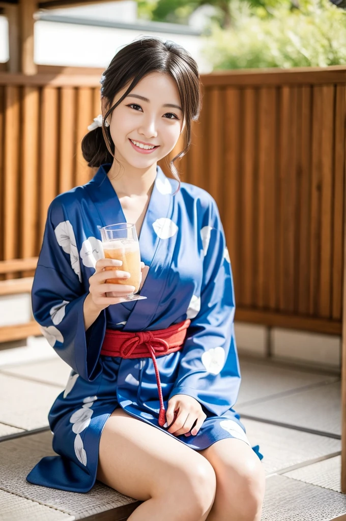 Pure Japanese yukata girl, outstanding body, beautiful legs, wearing traditional yukata, traditional hairstyles, sweet smile, sitting, refreshing in early summer,