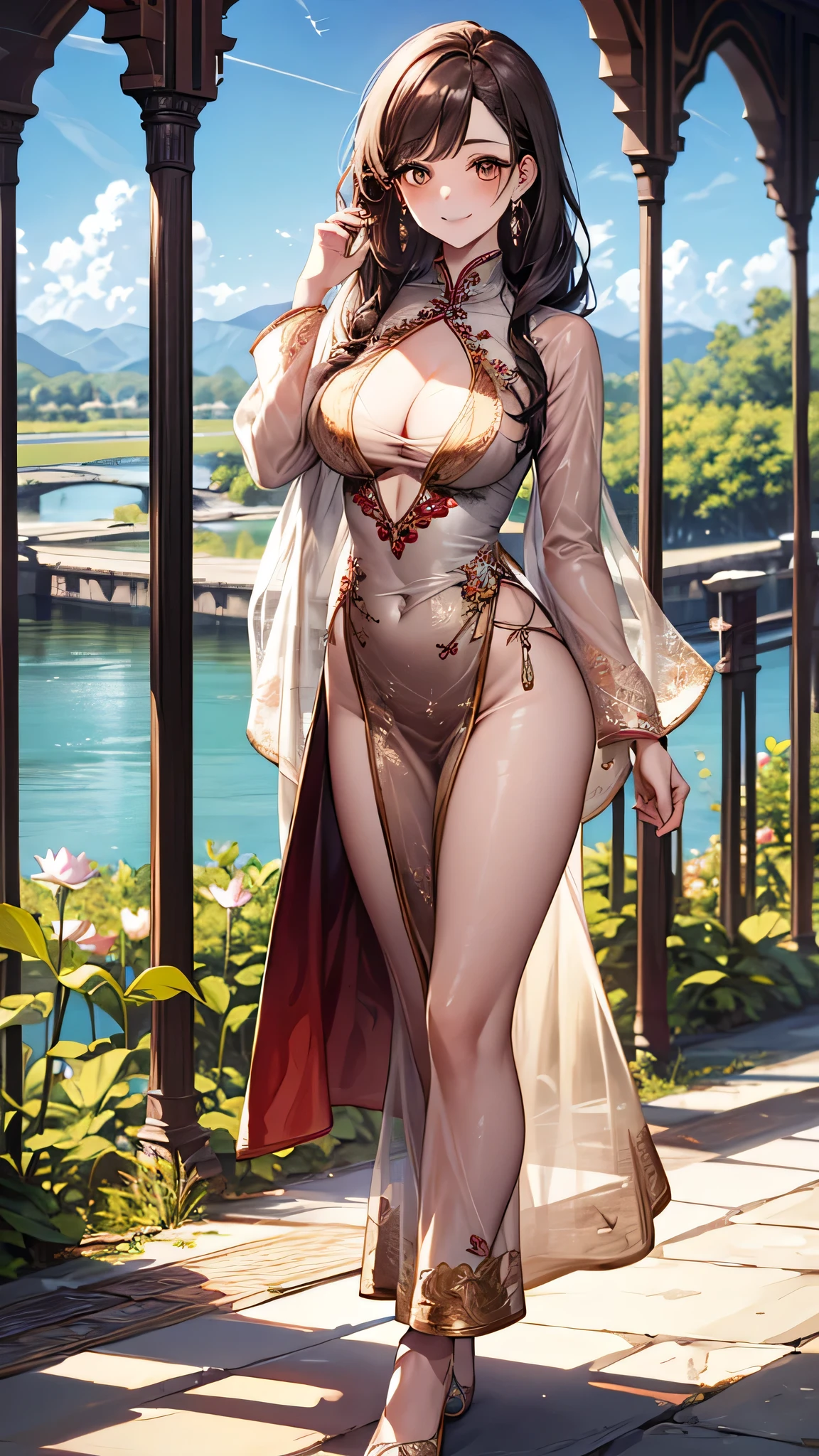 masterpiece, high quality, illustration, extremely detailed, cg unity 8k, ((summer: 1.4)), 1_women, ((full body)), (tan exotic skin_complexion:1.4), mature, statuesque, beautiful, exotic, with long elf ears, smiling, (((looking away from viewer))), medium breast, thigh gap, (wearing ((green)) diaphanous robes), white blackless halter top dress, bare_shoulders, bare foot, (((long brown hair))), ((twin hair buns)), detailed face having (((hazel eyes)), dark_eyeliner, long_eyelashes), natural dynamic lighting casts detailed shadows, forest, temple smirk, sultry look, seductive