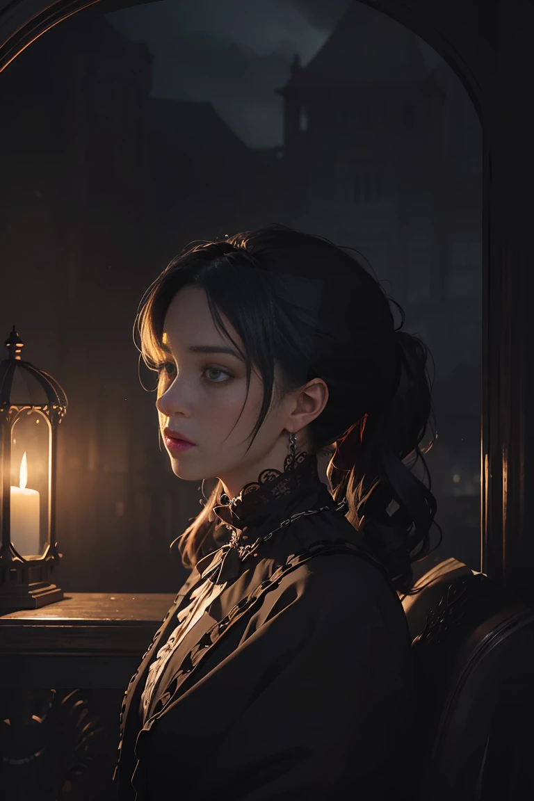 Official Art, unity 8k wallpaper, Very detailed, beautiful, beautiful, masterpiece, Highest quality,
darkness, atmosphere, mystery, Romanticism, Spooky, literature, art, fashion, Victorian, Decoration, complexity, Ironwork, race, Ponder, Depth of emotion, supernatural,
1 Girl, alone, head, Composition of the bust