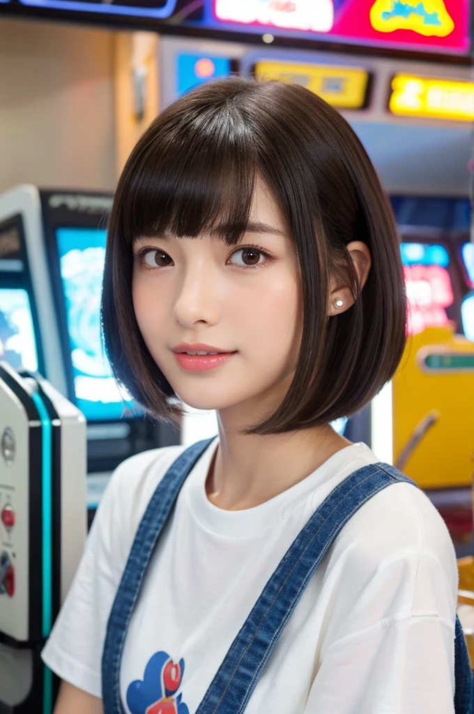 Game center, professional gamer, ((full body)), ((photo)), ((best qualtiy, 8K, tmasterpiece: 1.3)), Focus: 1.2, perfect figure beautiful girl: 1.4, 1girl, cowboy shot, look at viewer, eyes facing the camera, incredibly absurd, beautiful and cute girl with a photorealistic face, showcasing top-quality craftsmanship, A Japanese girl playing games at an arcade, 17 years old, with a bob cut, silky black hair, bangs cut at an angle to reveal her right eye, large eyes, a soft smile, tanned skin, thin and well-formed eyebrows, straight nose with a rounded tip, thin lips but a healthy, natural pink colour, small ears with pierced ears, a slender neck with a sharp jawline, a small face with well-formed facial features, fair, fine, translucent skin, long eyelashes that make the eye makeup stand out, eyes that are powerful but also kind, Well-aligned, white teeth, healthy, shiny skin and hair, friendly expression, , slender, well-balanced proportions, good posture, beautiful C-cup breasts, white character T-shirt, blue denim jacket, yellow shorts, white sneakers, silver earrings, tote bag with game character illustration printed on it, beautiful girl, moe, devilish type, sociable and easy to talk to, values ​​teamwork, curious and adventurous, has a sense of humor, July