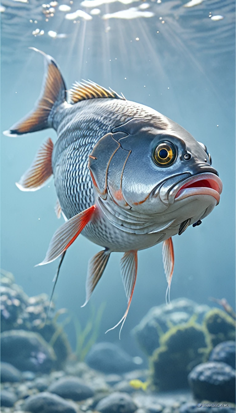 Panorama，河里有一种Mysterious Creatures：Red fish body，Fish head looks like a human face，Mysterious Creatures, shrike, (best quality，4K，8K，High level，masterpiece：1.2），Ultra Detailed，（lifelike，Photo real，Photo real：1.37），Highly detailed animals，Complex patterns，Realistic lighting，Fantasy Creatures