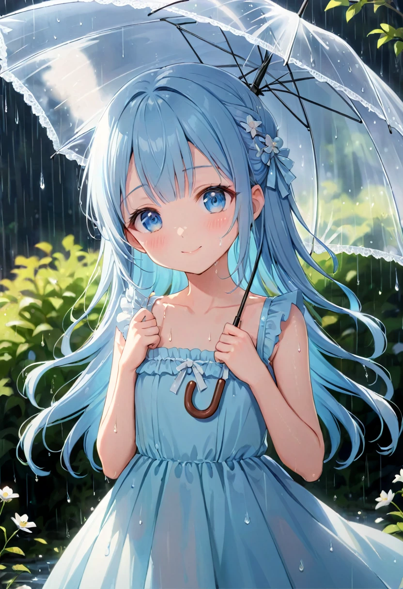 masterpiece, best quality, extremely detailed, (illustration, official art:1.1),adorable face、 1 girl ,(((( light blue long hair)))),pale blue hair,, long hair ((blush)) , cute face, big eyes, masterpiece, best quality,(((((a very delicate and beautiful girl))))),Amazing,beautiful detailed eyes,blunt bangs((((little delicate girl)))),tareme(true beautiful:1.2), sense of depth,dynamic angle,,,, affectionate smile, (true beautiful:1.2),,(tiny 1girl model:1.2),)flat chest、(Best Quality, 8K, masutepiece:1.2, NSFW ),Cutest,Cute Girl,mesugaki,Beautiful face,Beautiful eyes,Beautiful hair, Light blue hair,,soft sunlight,rain falling,Drooping water droplets,Nice dress,Innocent smile,playful pose,Atmosphere of bliss,Sober background,dreamy ambiance,Lively atmosphere,sparkling dew,Happy look,enchanting charm,magical garden,PastelColors,gentle wind,Dainty features,Delicate petals,Adorable beauty,Fascinating landscapes.
(((Umbrella, drops, morning dew)))