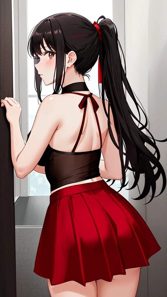 A beautiful girl posing for a photo shoot, wears a red , a medium skirt, and some long black panties, Her hair is long and tied up in a ponytail., beautiful black hair, Photos are taken from various perspectives, head on