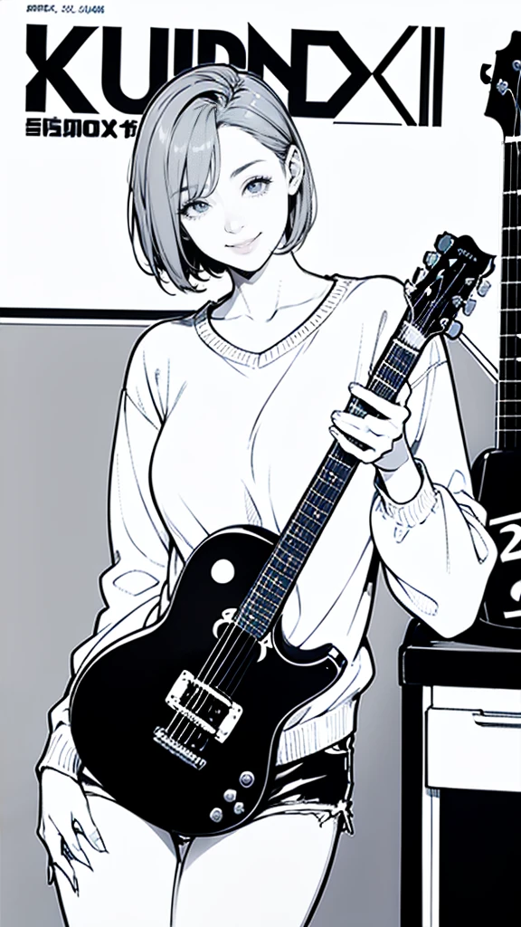 (masterpiece:1.2, Highest quality),(Line art),(Monochrome),(Very detailed),8K,magazine cover,1 female,Cute face,smile,close up,ash gray hair, very short hair, hair over eyes, (pullover, shorts)((betterhand)),Random pose,Beautiful female hands,((lineart, monochrome)),BREAK,(((playing the guiter))),