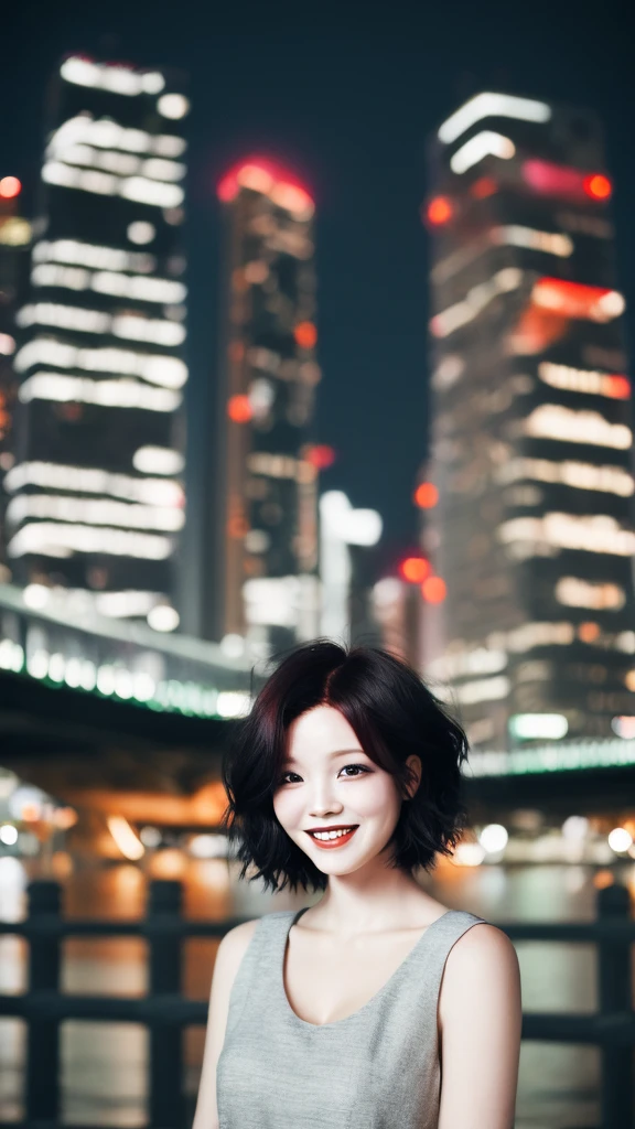 Blurred cityscape, Redhead, Black Hair, Half Korean woman、, short hair,Masterpiece、smile
