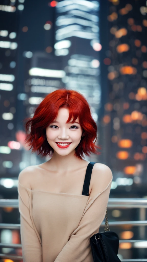 Blurred cityscape, Redhead, Black Hair, Half Korean woman、, short hair,Masterpiece、smile