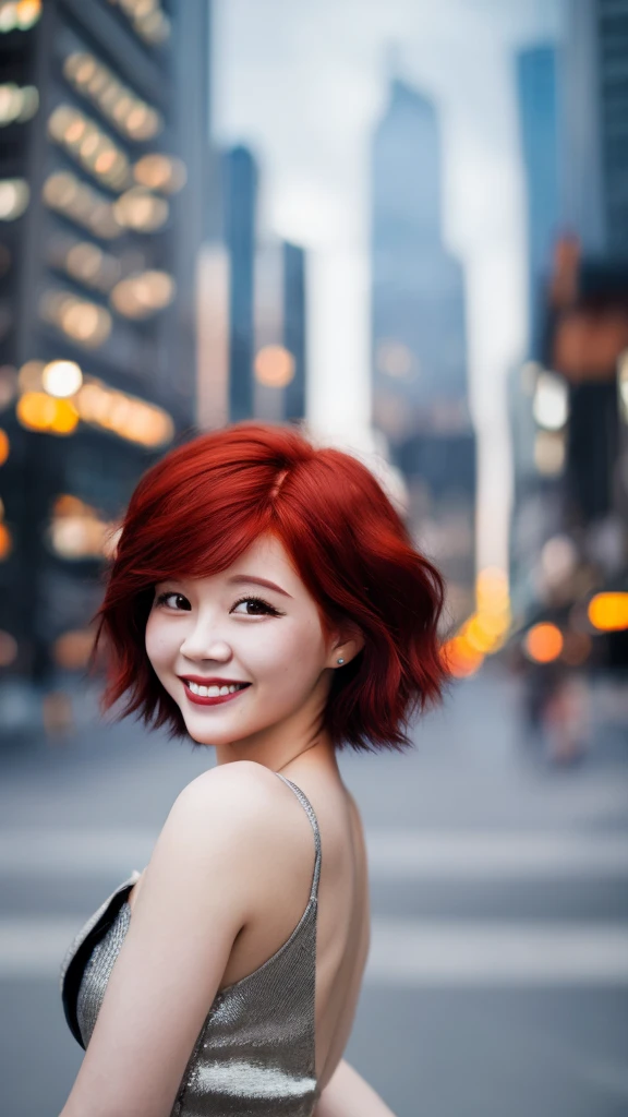 Blurred cityscape, Redhead, Black Hair, Half Korean woman、, short hair,Masterpiece、smile