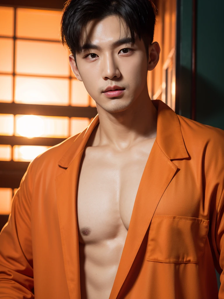 Handsome korean man. 24 years old, prisoner, look at the camera, (Orange prison uniform)portrait,dramatic shadow,Ray tracing, Best quality, Cinematic lighting, Extremely detailed CG, 8K wallpaper,Complicated.showing his chest . In the jail