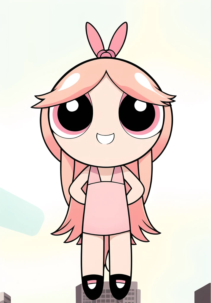 ((cute smile)), full body, 1girl , chibi, hair ornament, pink hair, brown eyes, cute Dress, city background,