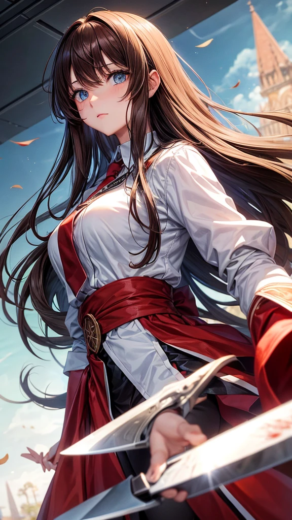 Adult, long brown hair with bangs, blue eyes, knife, yandere, bloody