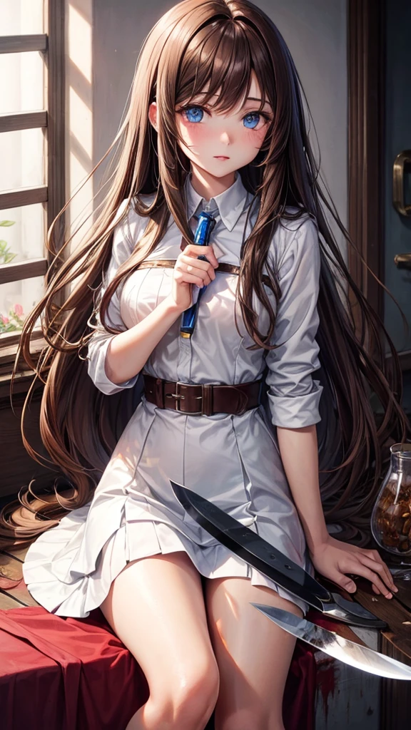 Adult, long brown hair with bangs, blue eyes, knife, yandere, bloody