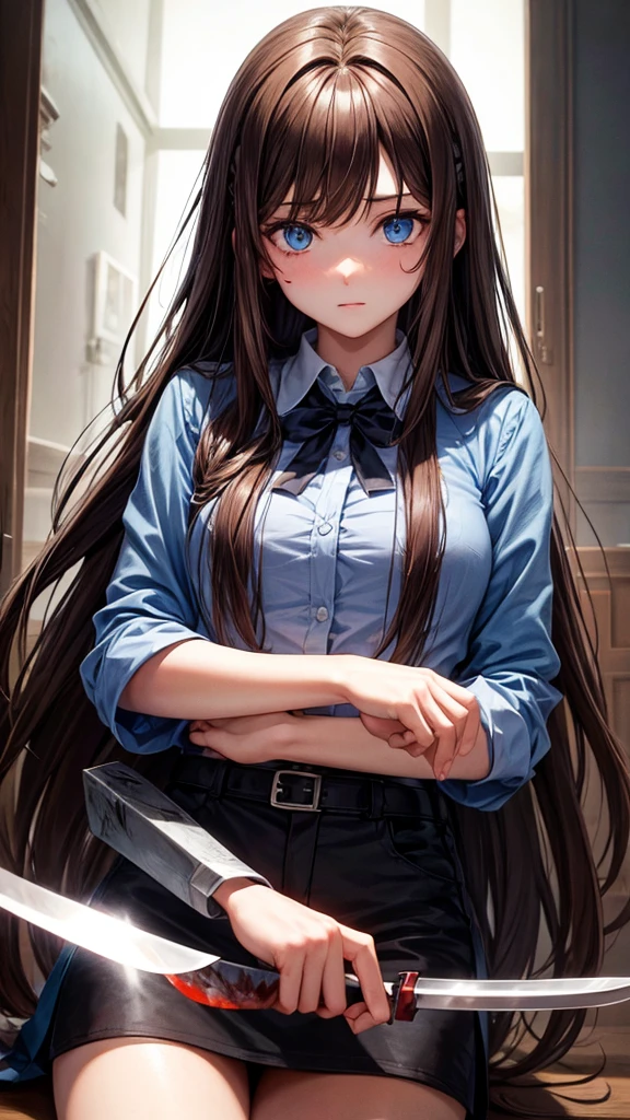 Adult, long brown hair with bangs, blue eyes, knife, yandere, bloody