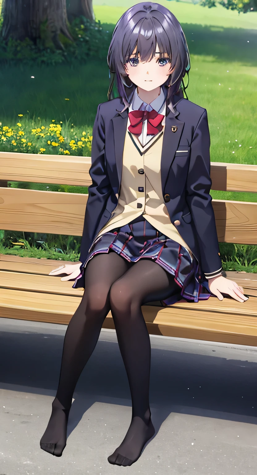 high quality, masterpiece, High resolution, (Head to Toe full body), front, frontComposition from slightly below, Symmetric, Tall 18 year old girl, alone, (Head to Toe), (Small breasts), Black Hair, bangs, (black tights), (Black Pantyhose), (Sit with your legs apart), (Crouching pose), ( (Sit on a bench with your legs spread), (M-shaped feet), Thin legs, Very beautiful tall 18 year old girl, (No shoes), smile、 Looking into the camera, blazer uniform, Checkered Pleated Skirt