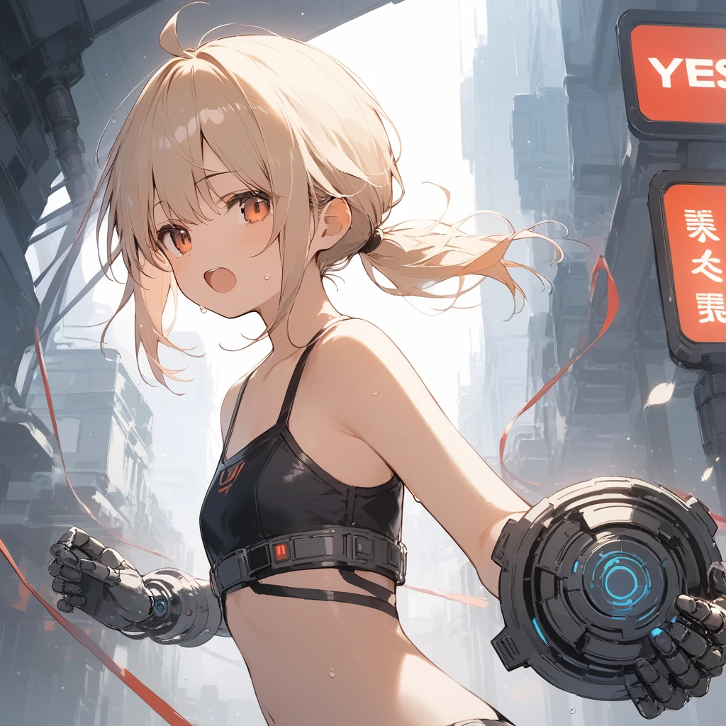 score_9, score_8_up, score_7_up, source_anime, best quality, masterpiece, official art, absurdres, highres, ultra-detailed,waifu2x,Collection: Slice of Life,break,1girl, cyborg girl, crop top cyborg armor, futuristic tech, mindcontrol device, yes covered with tech, tomboy, tanned-skinned female, short hair, low ponytail, flat chest, beautiful detailed eyes, sweat, open mouth, (yawn:0.3), sleepily, standing, futuristic city, wind, break,(clear line illustration:1.2),very high resolution, very aesthetic, super detailed skin, Best sexual lighting powered by famous artist, 8k,cute picture,beauty illustration,photoshop_(medium),,(Detailed Lighting),best anime 8k konachan wallpaper, pixiv contest winner,
