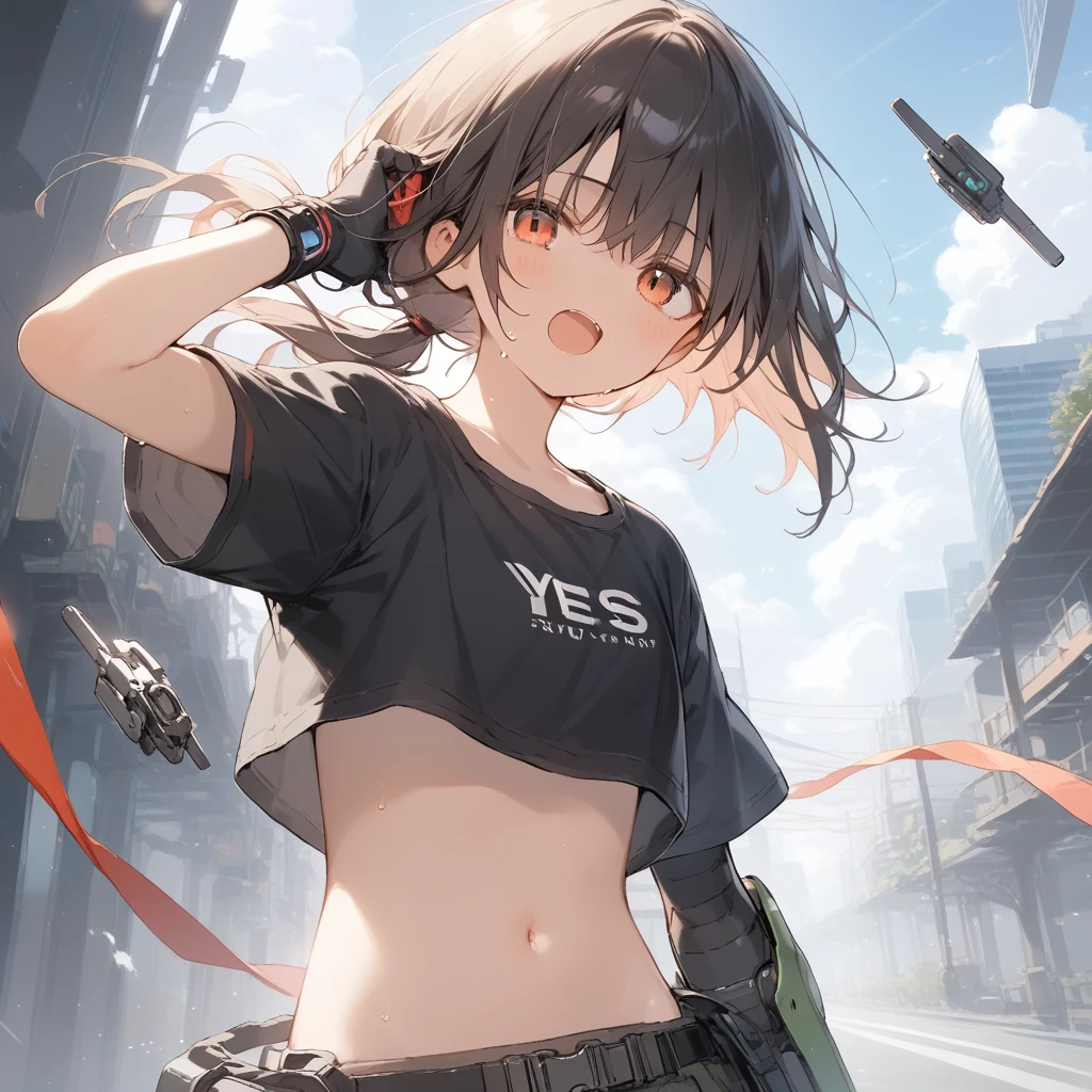 score_9, score_8_up, score_7_up, source_anime, best quality, masterpiece, official art, absurdres, highres, ultra-detailed,waifu2x,Collection: Slice of Life,break,1girl, cyborg girl, crop top cyborg armor, futuristic tech, mindcontrol device, yes covered with tech, tomboy, tanned-skinned female, short hair, low ponytail, flat chest, beautiful detailed eyes, sweat, open mouth, (yawn:0.3), sleepily, standing, futuristic city, wind, break,(clear line illustration:1.2),very high resolution, very aesthetic, super detailed skin, Best sexual lighting powered by famous artist, 8k,cute picture,beauty illustration,photoshop_(medium),,(Detailed Lighting),best anime 8k konachan wallpaper, pixiv contest winner,