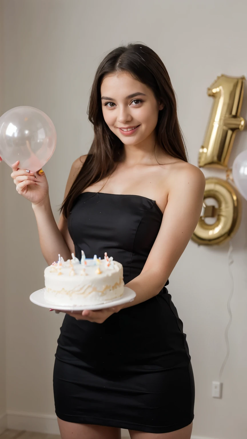 arafed girl, 1woman, straight hair, slim, skinny, black short dress, brown eyes, smilling, holfind a white cake with 2 candles that shapes the number 18, she is blowing out the candles, white background. Two ballons, one balloon with the shape of the number one, other balloon with the shape of the number eight.