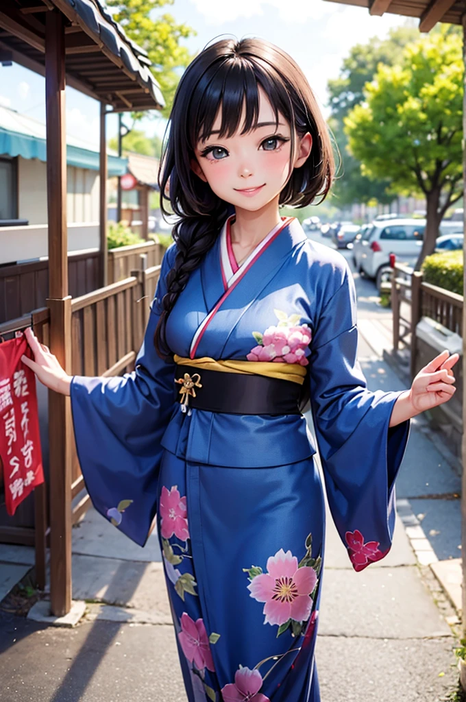 A beautiful smiling woman in a kimono greets people with a cheerful "Good morning" as her arms open under the blue sky
