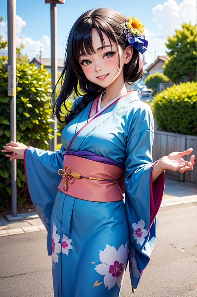 A beautiful smiling woman in a kimono greets people with a cheerful "Good morning" as her arms open under the blue sky