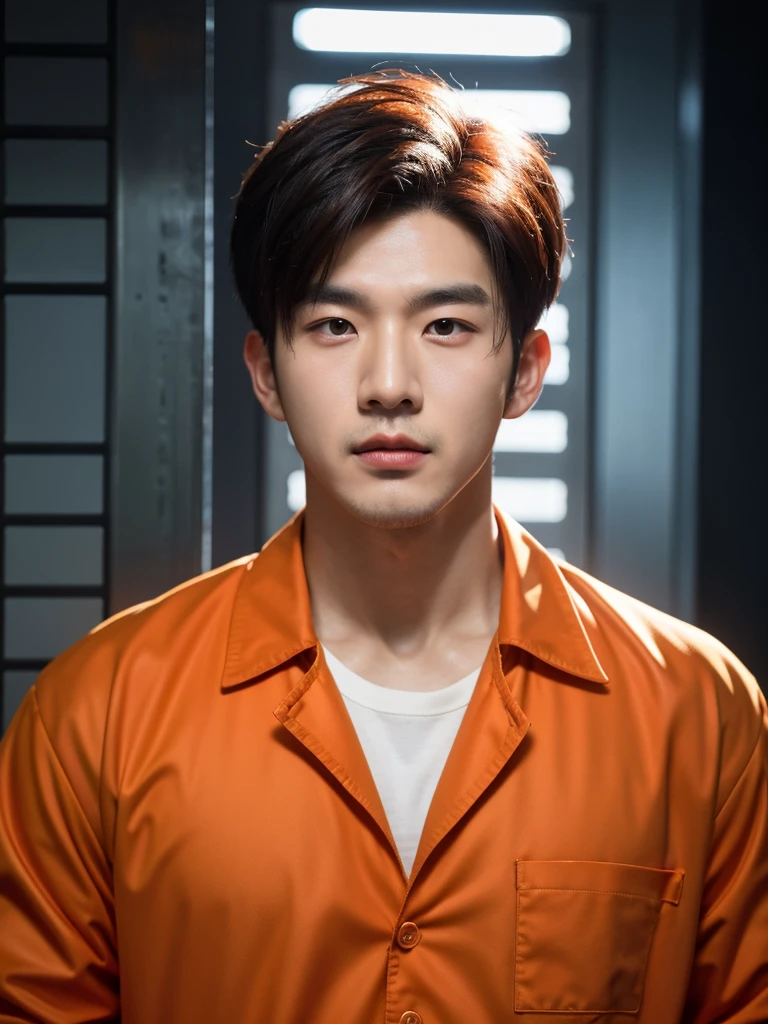 Handsome korean man. 24 years old, prisoner, look at the camera, (Orange prison uniform)portrait,dramatic shadow,Ray tracing, Best quality, Cinematic lighting, Extremely detailed CG, 8K wallpaper,Complicated. In the jail