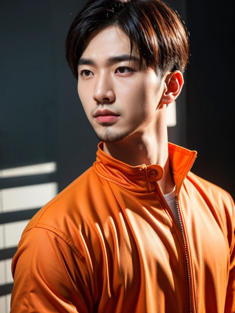 Handsome korean man. 24 years old, prisoner, look at the camera, (Orange prison uniform)portrait,dramatic shadow,Ray tracing, Best quality, Cinematic lighting, Extremely detailed CG, 8K wallpaper,Complicated. In the jail