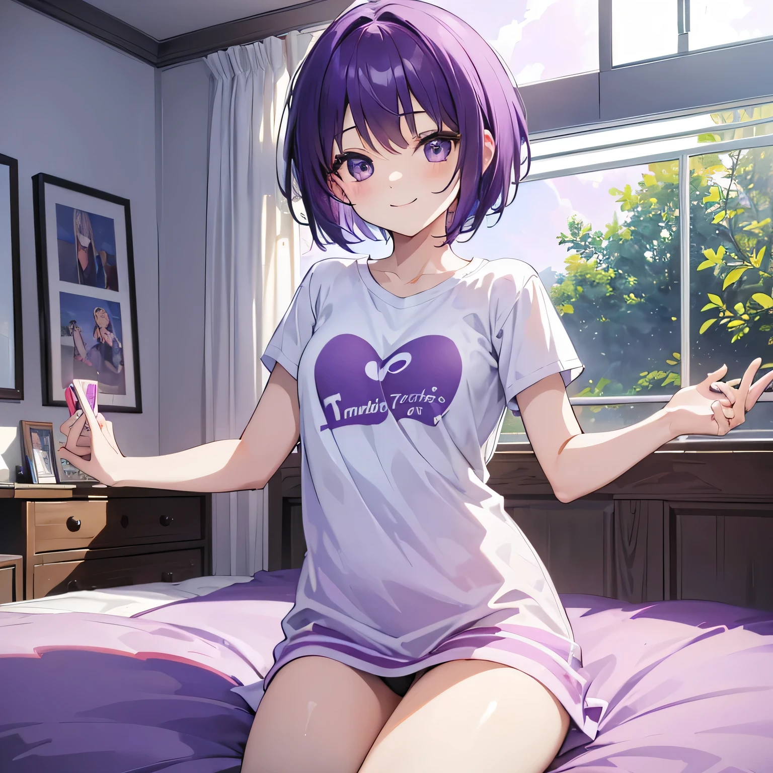 (T Masterpiece,4k wallpaper,Best Quality))、((girl1people))、(solo)、Bright and Brilliant,(Purple Hair)、(short hair:1.3)、smile、Bedroom、T-Shirtorning